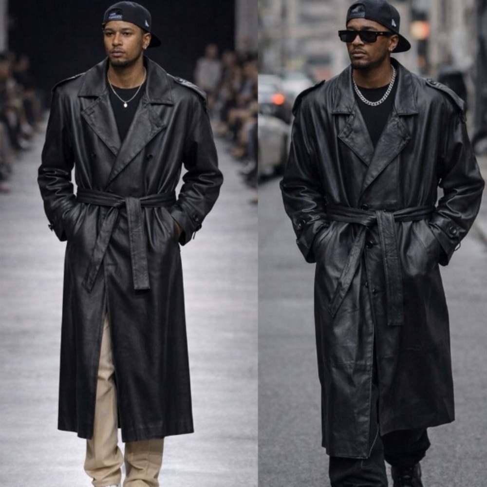 Vintage Pelle Studio Men’s Black Leather Double Breasted Full Length  Coat  Sz L